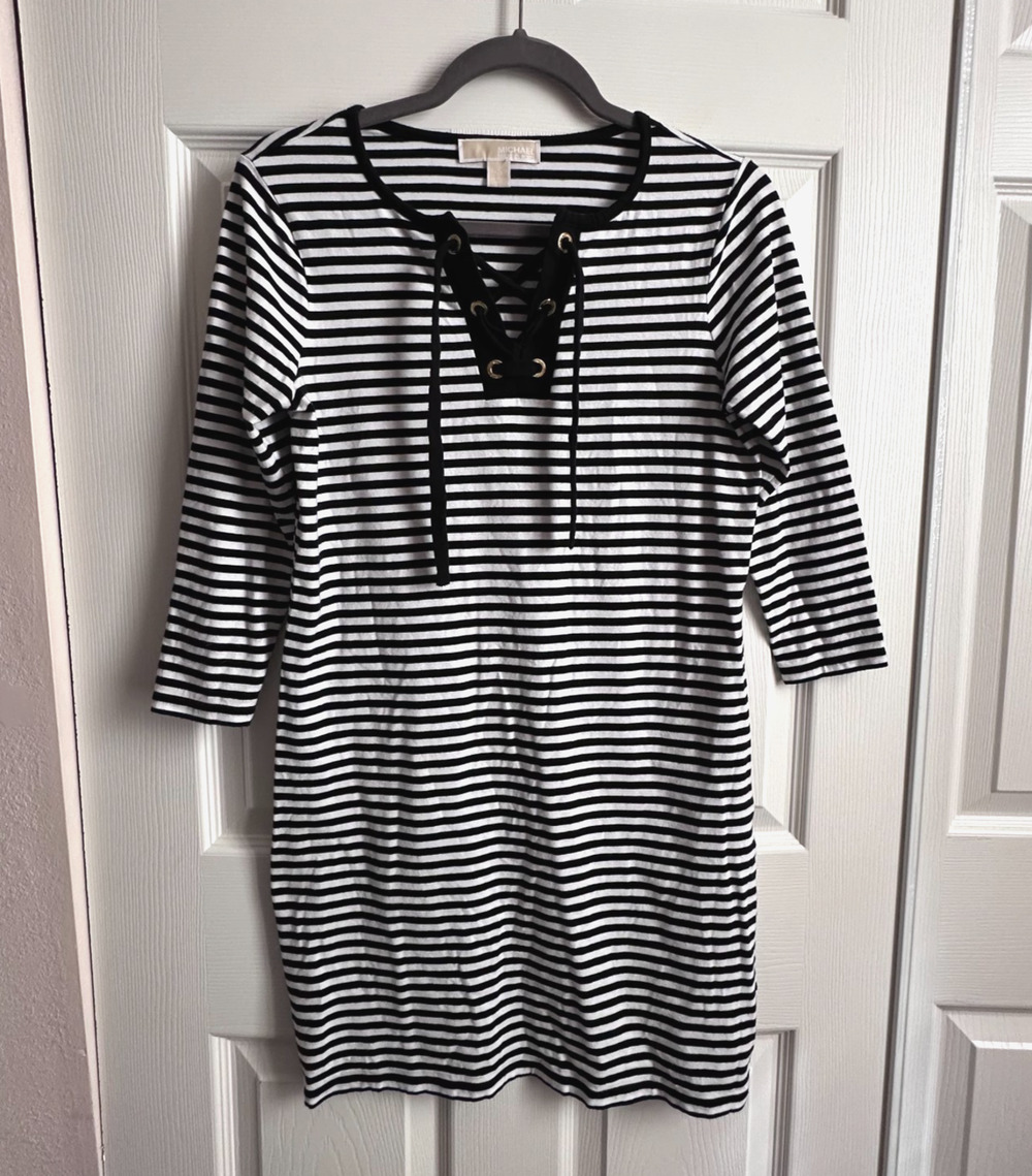 Michael Kors Womens XS Black & White Stripe 3/4 Sleeve T-shirt Dress Nautical